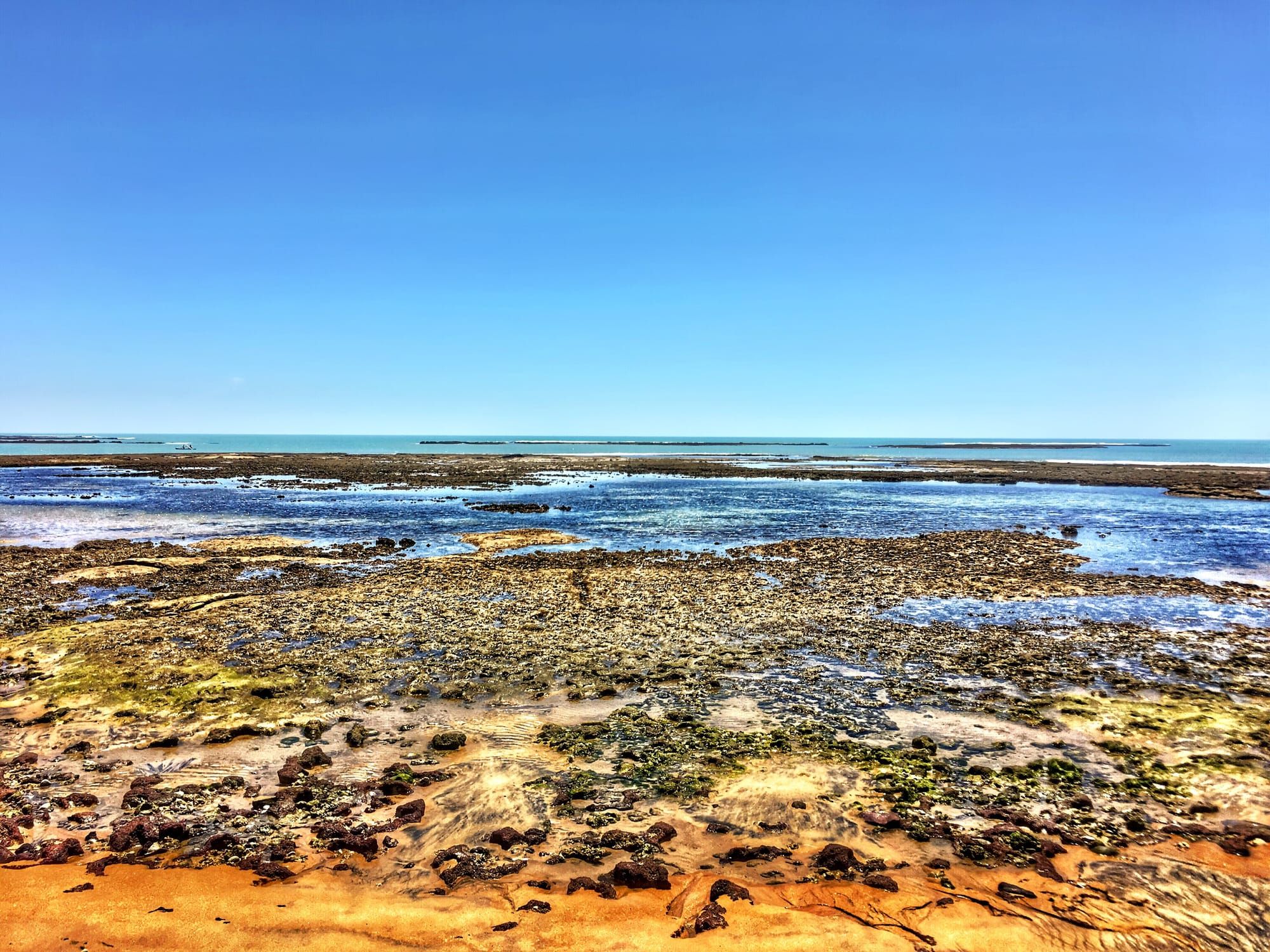 Recifes expostos na maré baixa na Praia do Espelho, com o mar azul ao fundo