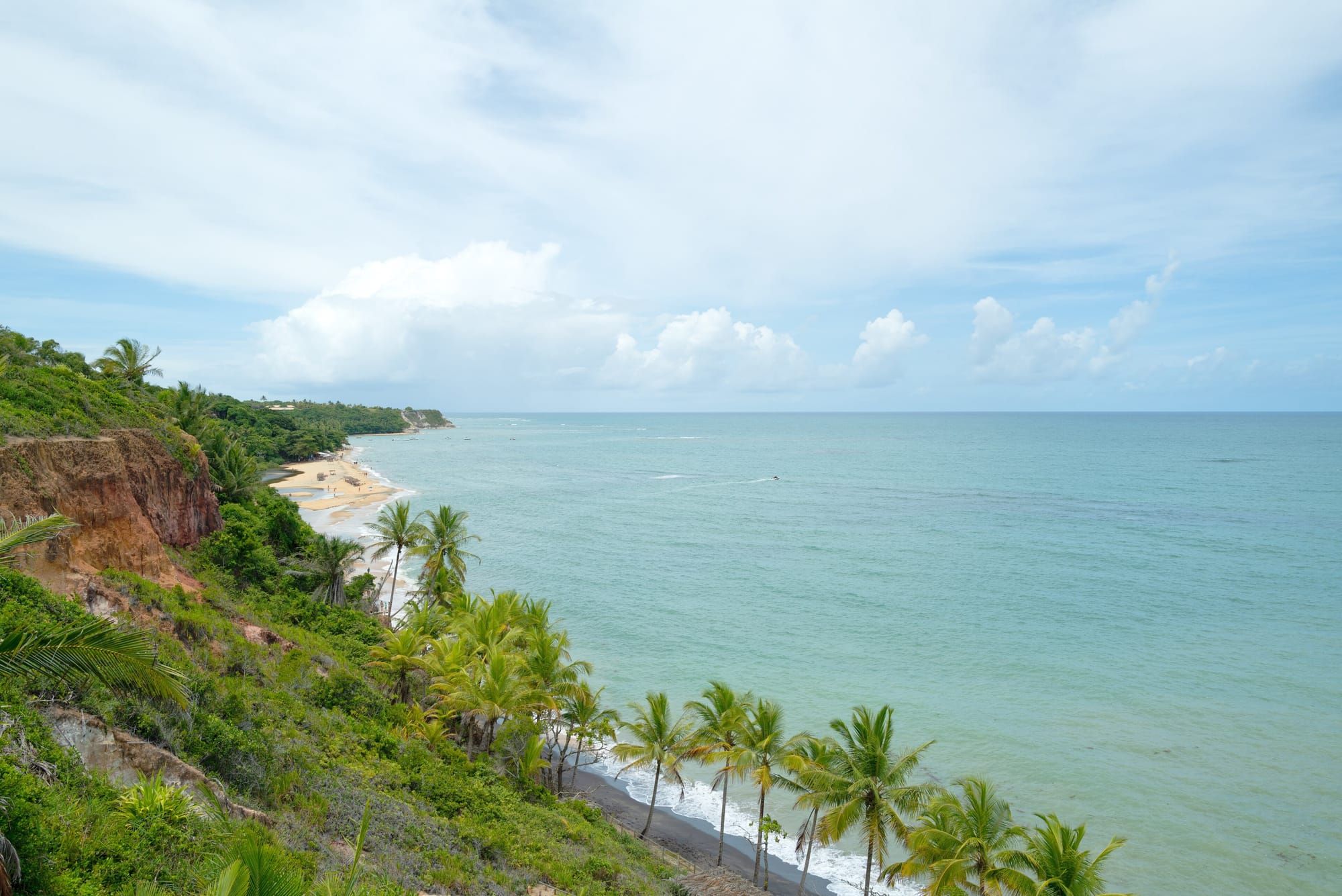 Falésia vermelha coberta de mata e coqueiros diante do mar verde em Trancoso